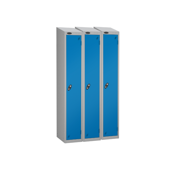 Nest of 3 Metal Storage Lockers | Single Door | 1780 x 305 x 305mm | Silver Carcass | Blue Door | Cam Lock | Sloping Top | Probe