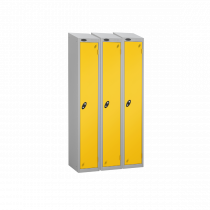 Nest of 3 Metal Storage Lockers | Single Door | 1780 x 305 x 305mm | Silver Carcass | Yellow Door | Cam Lock | Sloping Top | Probe