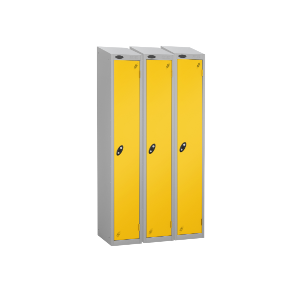 Nest of 3 Metal Storage Lockers | Single Door | 1780 x 305 x 305mm | Silver Carcass | Yellow Door | Cam Lock | Sloping Top | Probe