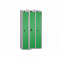 Nest of 3 Metal Storage Lockers | Single Door | 1780 x 305 x 305mm | Silver Carcass | Green Door | Cam Lock | Sloping Top | Probe