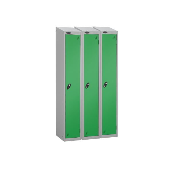 Nest of 3 Metal Storage Lockers | Single Door | 1780 x 305 x 305mm | Silver Carcass | Green Door | Cam Lock | Sloping Top | Probe