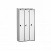 Nest of 3 Metal Storage Lockers | Single Door | 1780 x 305 x 305mm | Silver Carcass | White Door | Cam Lock | Sloping Top | Probe