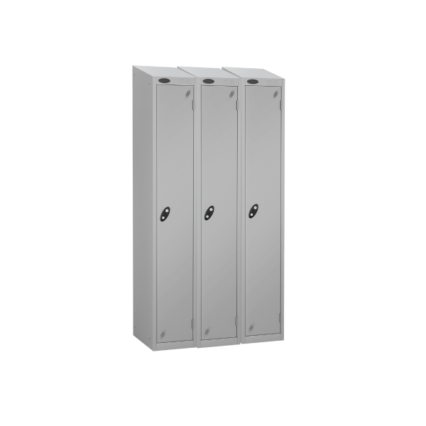 Nest of 3 Metal Storage Lockers | Single Door | 1780 x 305 x 305mm | Silver Carcass | Silver Door | Cam Lock | Sloping Top | Probe