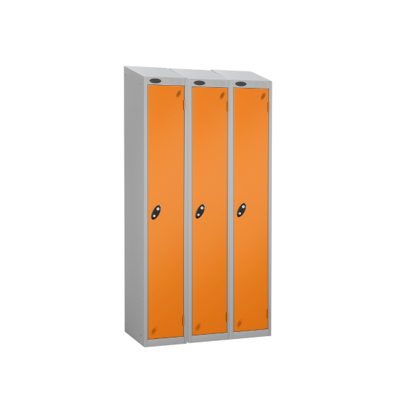 Nest of 3 Metal Storage Lockers | Single Door | 1780 x 305 x 305mm | Silver Carcass | Orange Door | Cam Lock | Sloping Top | Probe