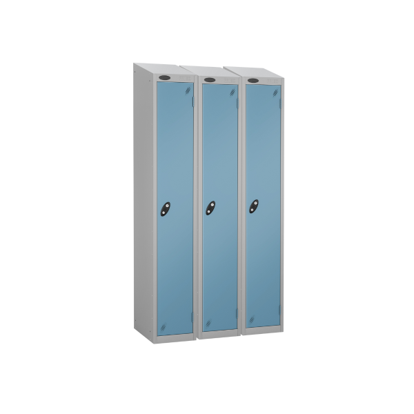 Nest of 3 Metal Storage Lockers | Single Door | 1780 x 305 x 305mm | Silver Carcass | Ocean Door | Cam Lock | Sloping Top | Probe