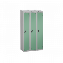 Nest of 3 Metal Storage Lockers | Single Door | 1780 x 305 x 305mm | Silver Carcass | Jade Door | Cam Lock | Sloping Top | Probe