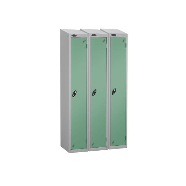 Nest of 3 Metal Storage Lockers | Single Door | 1780 x 305 x 305mm | Silver Carcass | Jade Door | Cam Lock | Sloping Top | Probe