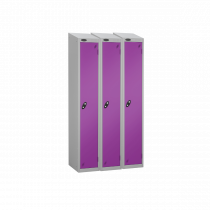 Nest of 3 Metal Storage Lockers | Single Door | 1780 x 305 x 305mm | Silver Carcass | Lilac Door | Cam Lock | Sloping Top | Probe