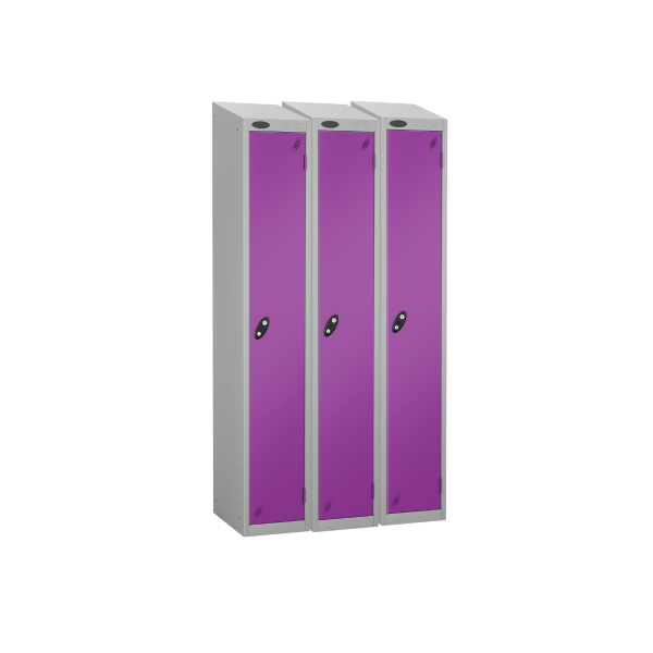 Nest of 3 Metal Storage Lockers | Single Door | 1780 x 305 x 305mm | Silver Carcass | Lilac Door | Cam Lock | Sloping Top | Probe