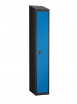 Single Metal Storage Locker | Single Door | 1780 x 305 x 380mm | Black Carcass | Blue Door | Cam Lock | Sloping Top | Probe