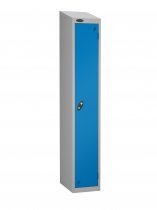 Single Metal Storage Locker | Single Door | 1780 x 305 x 380mm | Silver Carcass | Blue Door | Cam Lock | Sloping Top | Probe