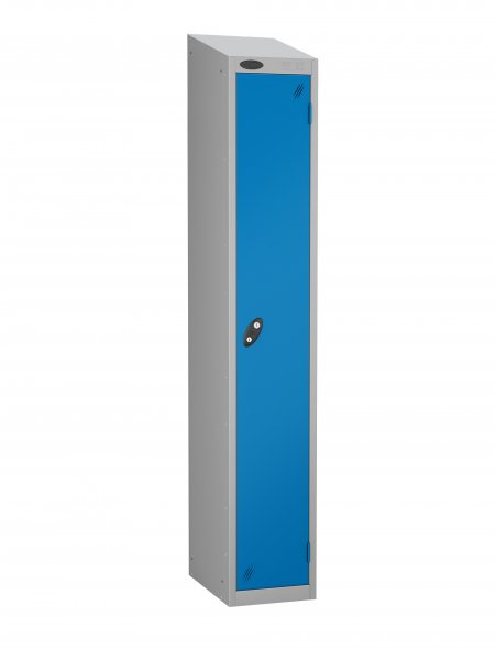 Single Metal Storage Locker | Single Door | 1780 x 305 x 380mm | Silver Carcass | Blue Door | Cam Lock | Sloping Top | Probe