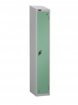 Single Metal Storage Locker | Single Door | 1780 x 305 x 380mm | Silver Carcass | Jade Door | Cam Lock | Sloping Top | Probe