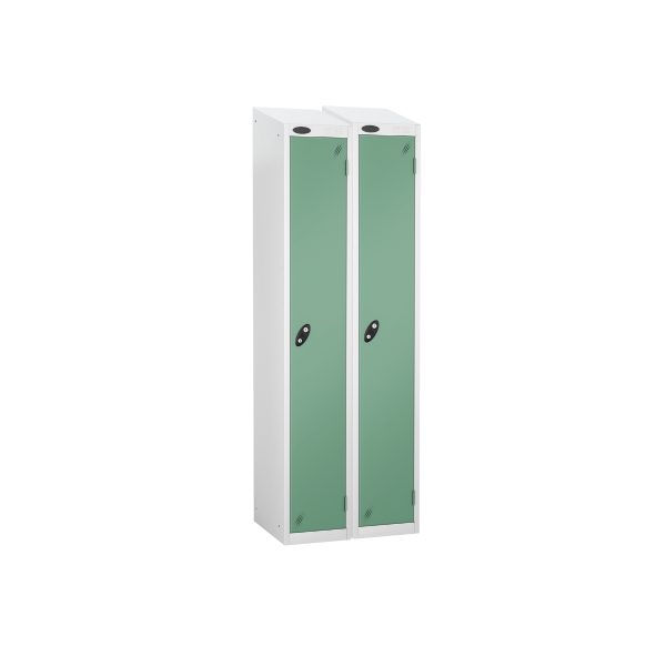 Nest of 2 Metal Storage Lockers | Single Door | 1780 x 305 x 380mm | White Carcass | Jade Door | Cam Lock | Sloping Top | Probe