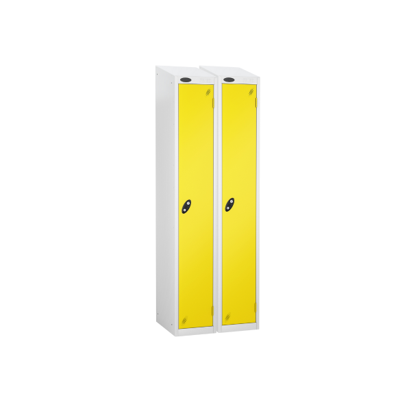 Nest of 2 Metal Storage Lockers | Single Door | 1780 x 305 x 380mm | White Carcass | Lemon Door | Cam Lock | Sloping Top | Probe