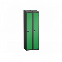 Nest of 2 Metal Storage Lockers | Single Door | 1780 x 305 x 380mm | Black Carcass | Green Door | Cam Lock | Sloping Top | Probe