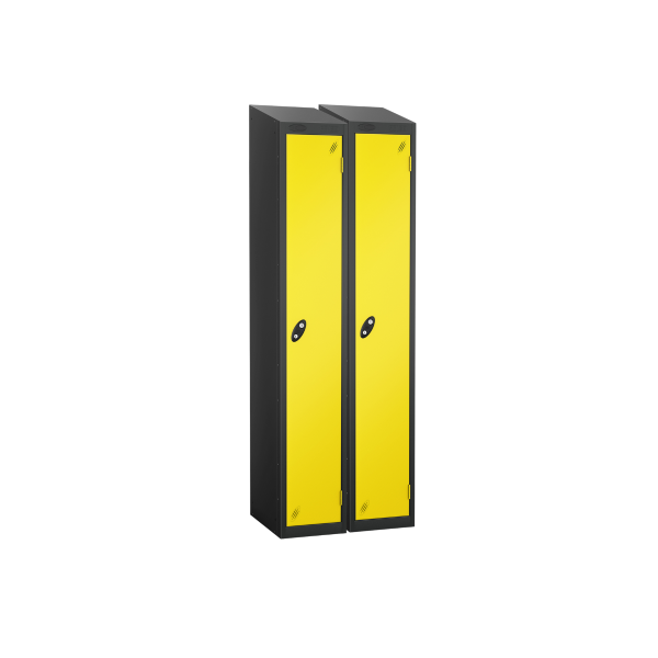 Nest of 2 Metal Storage Lockers | Single Door | 1780 x 305 x 380mm | Black Carcass | Lemon Door | Cam Lock | Sloping Top | Probe