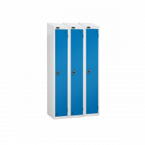 Nest of 3 Metal Storage Lockers | Single Door | 1780 x 305 x 380mm | White Carcass | Blue Door | Cam Lock | Sloping Top | Probe