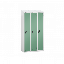 Nest of 3 Metal Storage Lockers | Single Door | 1780 x 305 x 380mm | White Carcass | Jade Door | Cam Lock | Sloping Top | Probe