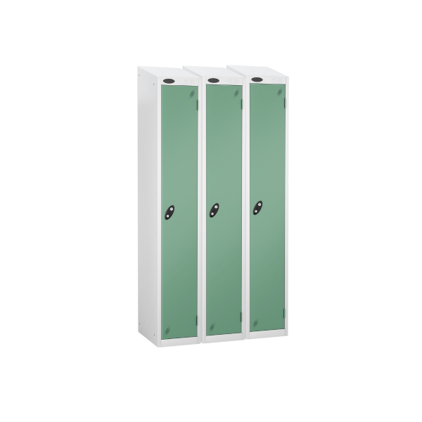 Nest of 3 Metal Storage Lockers | Single Door | 1780 x 305 x 380mm | White Carcass | Jade Door | Cam Lock | Sloping Top | Probe