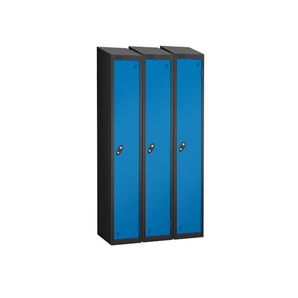 Nest of 3 Metal Storage Lockers | Single Door | 1780 x 305 x 380mm | Black Carcass | Blue Door | Cam Lock | Sloping Top | Probe