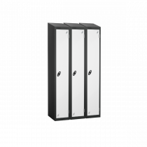 Nest of 3 Metal Storage Lockers | Single Door | 1780 x 305 x 380mm | Black Carcass | White Door | Cam Lock | Sloping Top | Probe