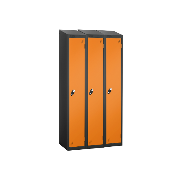 Nest of 3 Metal Storage Lockers | Single Door | 1780 x 305 x 380mm | Black Carcass | Orange Door | Cam Lock | Sloping Top | Probe