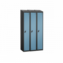 Nest of 3 Metal Storage Lockers | Single Door | 1780 x 305 x 380mm | Black Carcass | Ocean Door | Cam Lock | Sloping Top | Probe