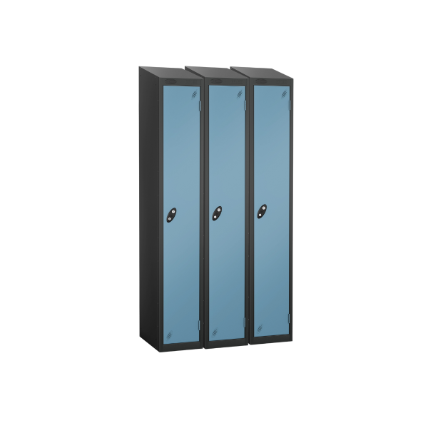 Nest of 3 Metal Storage Lockers | Single Door | 1780 x 305 x 380mm | Black Carcass | Ocean Door | Cam Lock | Sloping Top | Probe