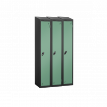 Nest of 3 Metal Storage Lockers | Single Door | 1780 x 305 x 380mm | Black Carcass | Jade Door | Cam Lock | Sloping Top | Probe