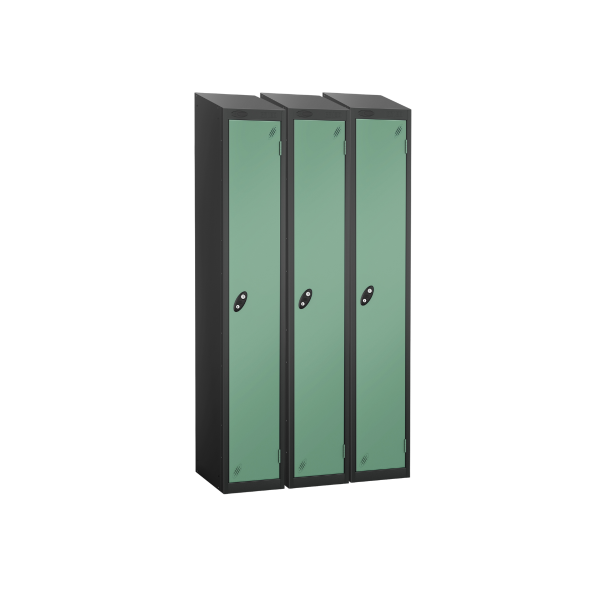 Nest of 3 Metal Storage Lockers | Single Door | 1780 x 305 x 380mm | Black Carcass | Jade Door | Cam Lock | Sloping Top | Probe