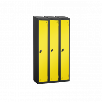 Nest of 3 Metal Storage Lockers | Single Door | 1780 x 305 x 380mm | Black Carcass | Lemon Door | Cam Lock | Sloping Top | Probe