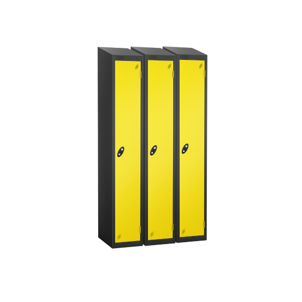 Nest of 3 Metal Storage Lockers | Single Door | 1780 x 305 x 380mm | Black Carcass | Lemon Door | Cam Lock | Sloping Top | Probe