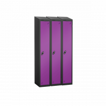 Nest of 3 Metal Storage Lockers | Single Door | 1780 x 305 x 380mm | Black Carcass | Lilac Door | Cam Lock | Sloping Top | Probe