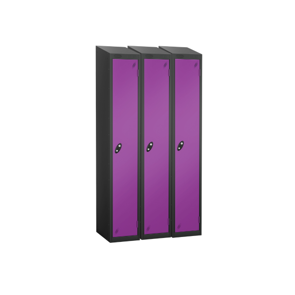 Nest of 3 Metal Storage Lockers | Single Door | 1780 x 305 x 380mm | Black Carcass | Lilac Door | Cam Lock | Sloping Top | Probe