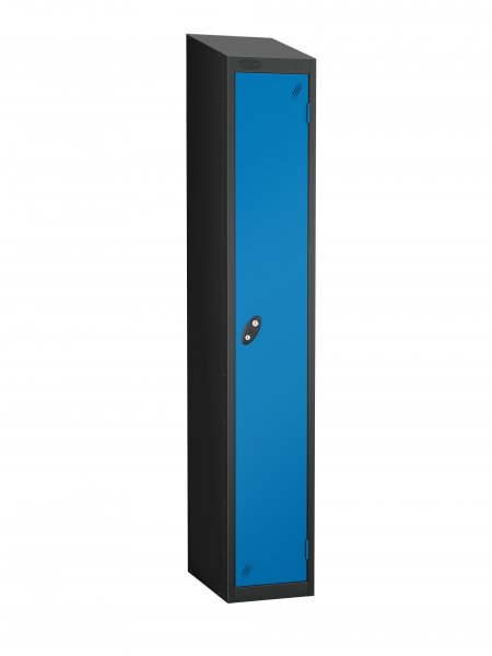 Single Metal Storage Locker | Single Door | 1780 x 305 x 460mm | Black Carcass | Blue Door | Cam Lock | Sloping Top | Probe