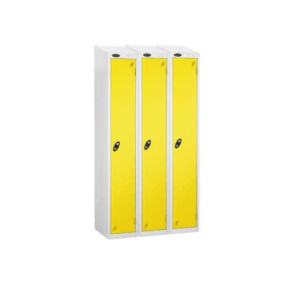 Nest of 3 Metal Storage Lockers | Single Door | 1780 x 305 x 460mm | White Carcass | Lemon Door | Cam Lock | Sloping Top | Probe