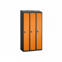 Nest of 3 Metal Storage Lockers | Single Door | 1780 x 305 x 460mm | Black Carcass | Orange Door | Cam Lock | Sloping Top | Probe