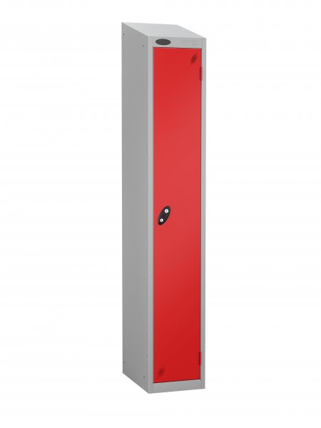 Single Metal Storage Locker | Single Door | 1780 x 380 x 380mm | Silver Carcass | Red Door | Cam Lock | Sloping Top | Probe