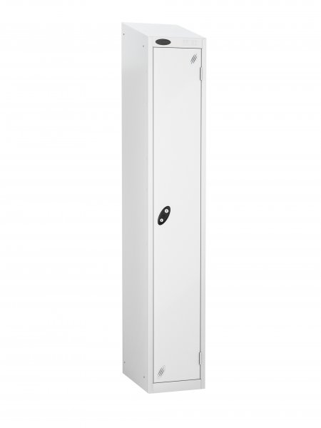 Single Metal Storage Locker | Single Door | 1780 x 460 x 460mm | White Carcass | White Door | Hasp & Staple Lock | Sloping Top | Probe