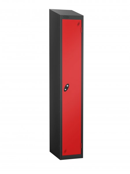 Single Metal Storage Locker | Single Door | 1780 x 460 x 460mm | Black Carcass | Red Door | Hasp & Staple Lock | Sloping Top | Probe