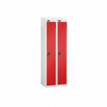 Nest of 2 Metal Storage Lockers | Single Door | 1780 x 460 x 460mm | White Carcass | Red Door | Hasp & Staple Lock | Sloping Top | Probe