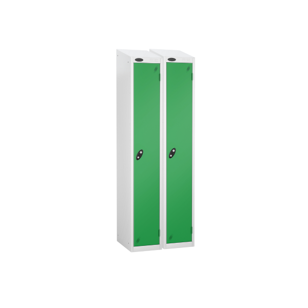 Nest of 2 Metal Storage Lockers | Single Door | 1780 x 460 x 460mm | White Carcass | Green Door | Hasp & Staple Lock | Sloping Top | Probe