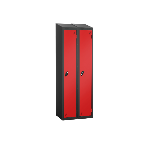 Nest of 2 Metal Storage Lockers | Single Door | 1780 x 460 x 460mm | Black Carcass | Red Door | Hasp & Staple Lock | Sloping Top | Probe