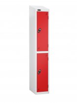 Single Metal Storage Locker | 2 Doors | 1780 x 305 x 305mm | White Carcass | Red Door | Cam Lock | Sloping Top | Probe