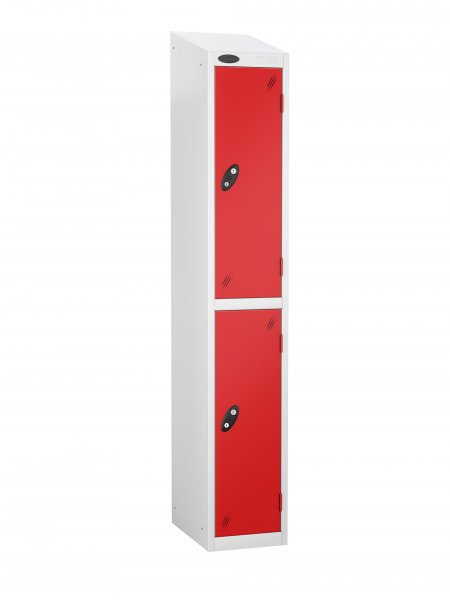 Single Metal Storage Locker | 2 Doors | 1780 x 305 x 305mm | White Carcass | Red Door | Cam Lock | Sloping Top | Probe