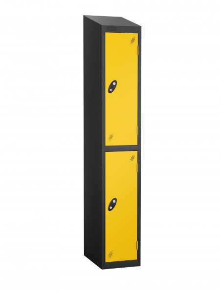 Single Metal Storage Locker | 2 Doors | 1780 x 305 x 305mm | Black Carcass | Yellow Door | Cam Lock | Sloping Top | Probe