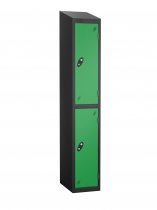 Single Metal Storage Locker | 2 Doors | 1780 x 305 x 305mm | Black Carcass | Green Door | Cam Lock | Sloping Top | Probe