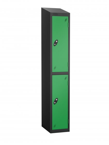 Single Metal Storage Locker | 2 Doors | 1780 x 305 x 305mm | Black Carcass | Green Door | Cam Lock | Sloping Top | Probe