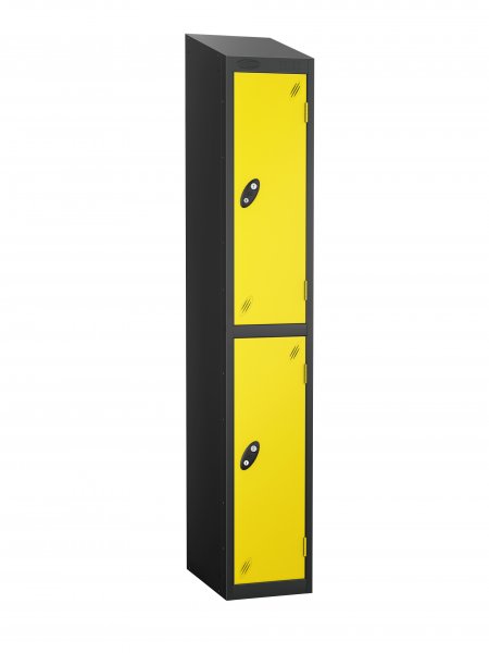 Single Metal Storage Locker | 2 Doors | 1780 x 305 x 305mm | Black Carcass | Lemon Door | Cam Lock | Sloping Top | Probe